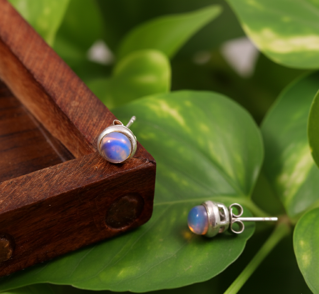 925 Sterling Sliver Rainbow Moonstone Earrings Stud