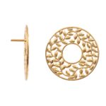 Gold Plated Carved Leaf Disc Earrings Studs in 925 Sterling Silver