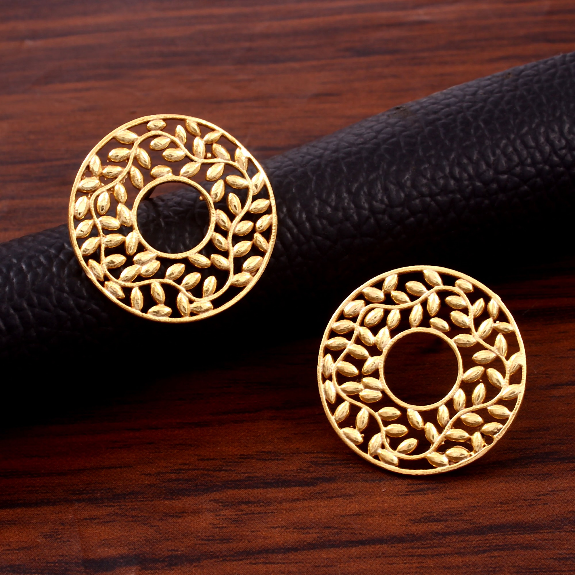 Gold Plated Carved Leaf Disc Earrings Studs in 925 Sterling Silver
