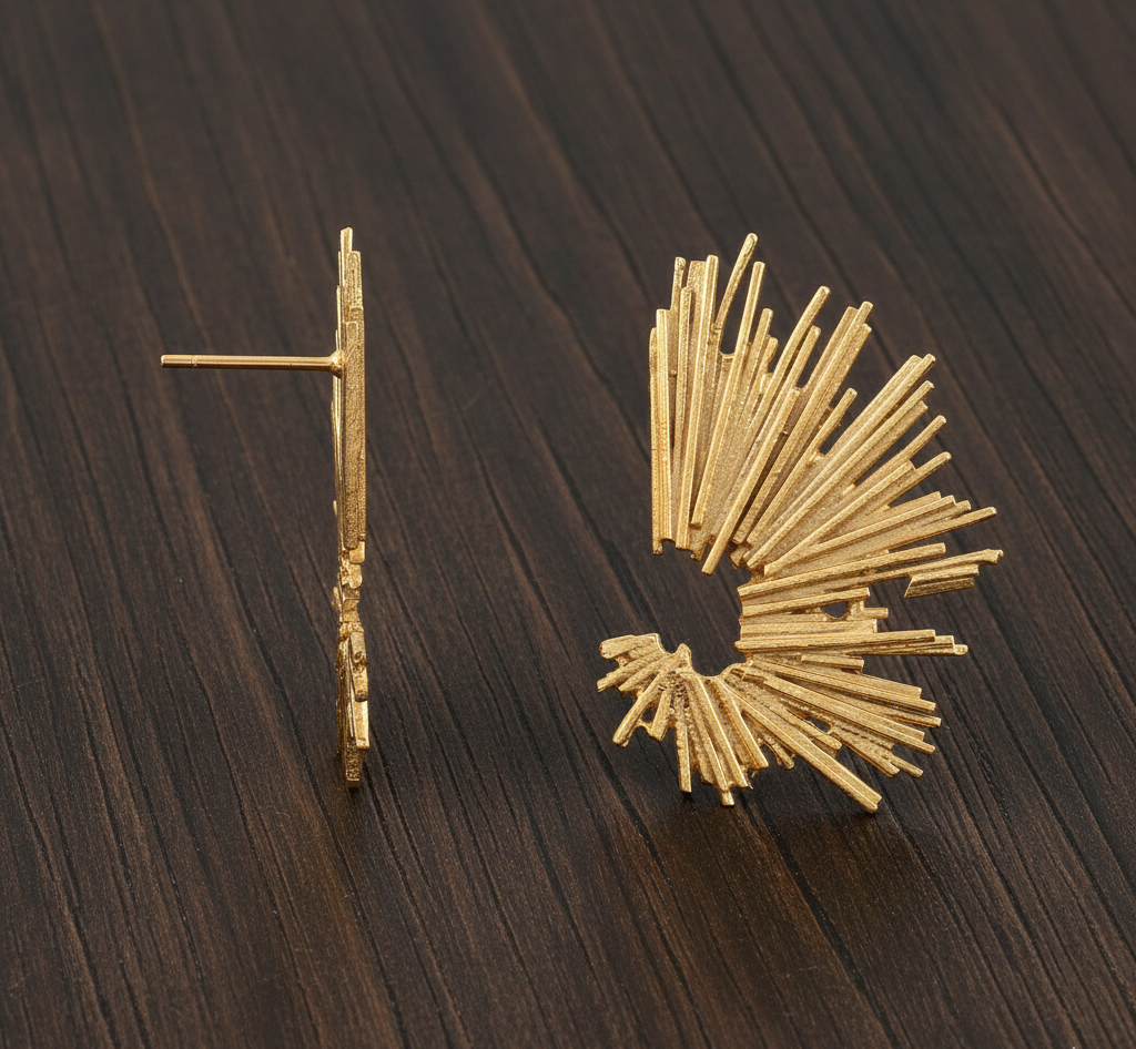 Gold Plated Textured Structured Stud Earrings In 925 Sterling Silver