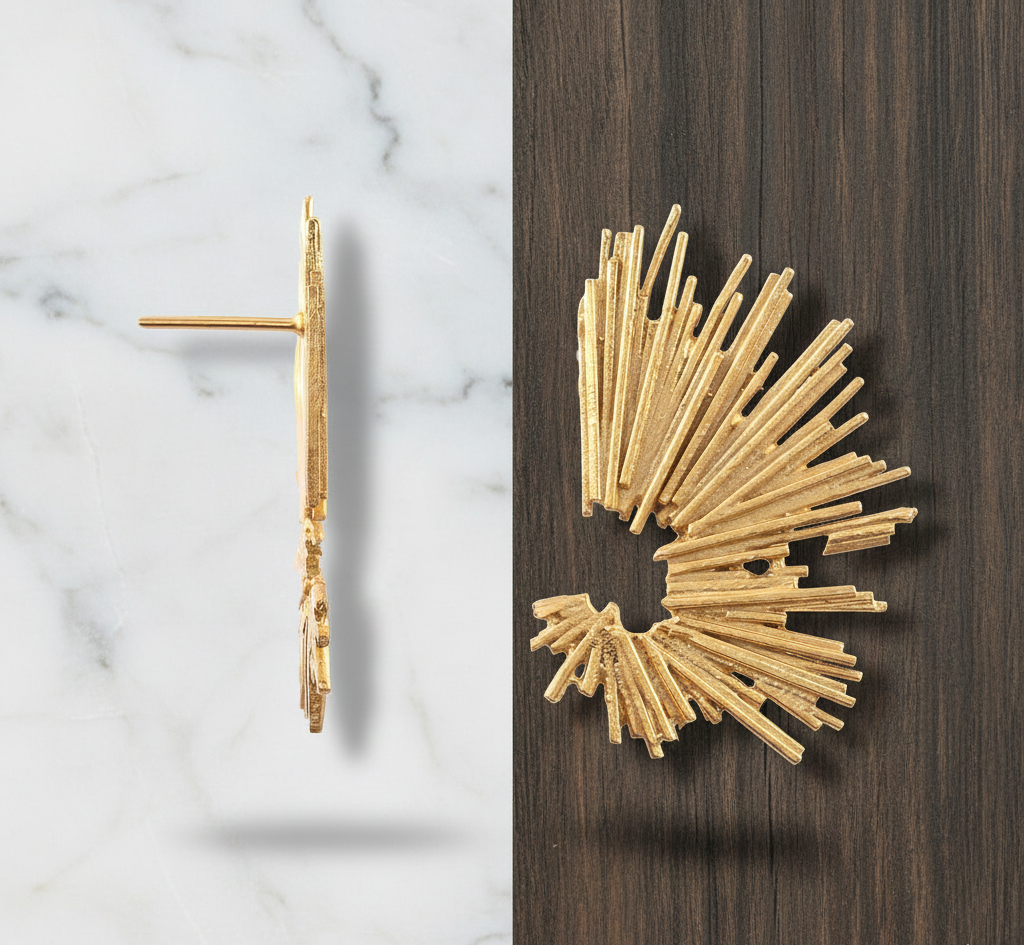 Gold Plated Textured Structured Stud Earrings In 925 Sterling Silver