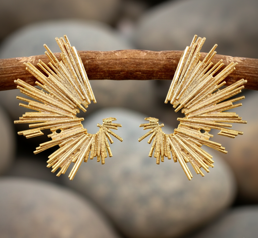 Gold Plated Textured Structured Stud Earrings In 925 Sterling Silver