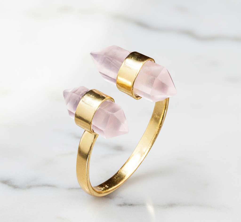 925 Silver Natural Rose Quartz Gemstone Pencil Shape Ring Adjustable