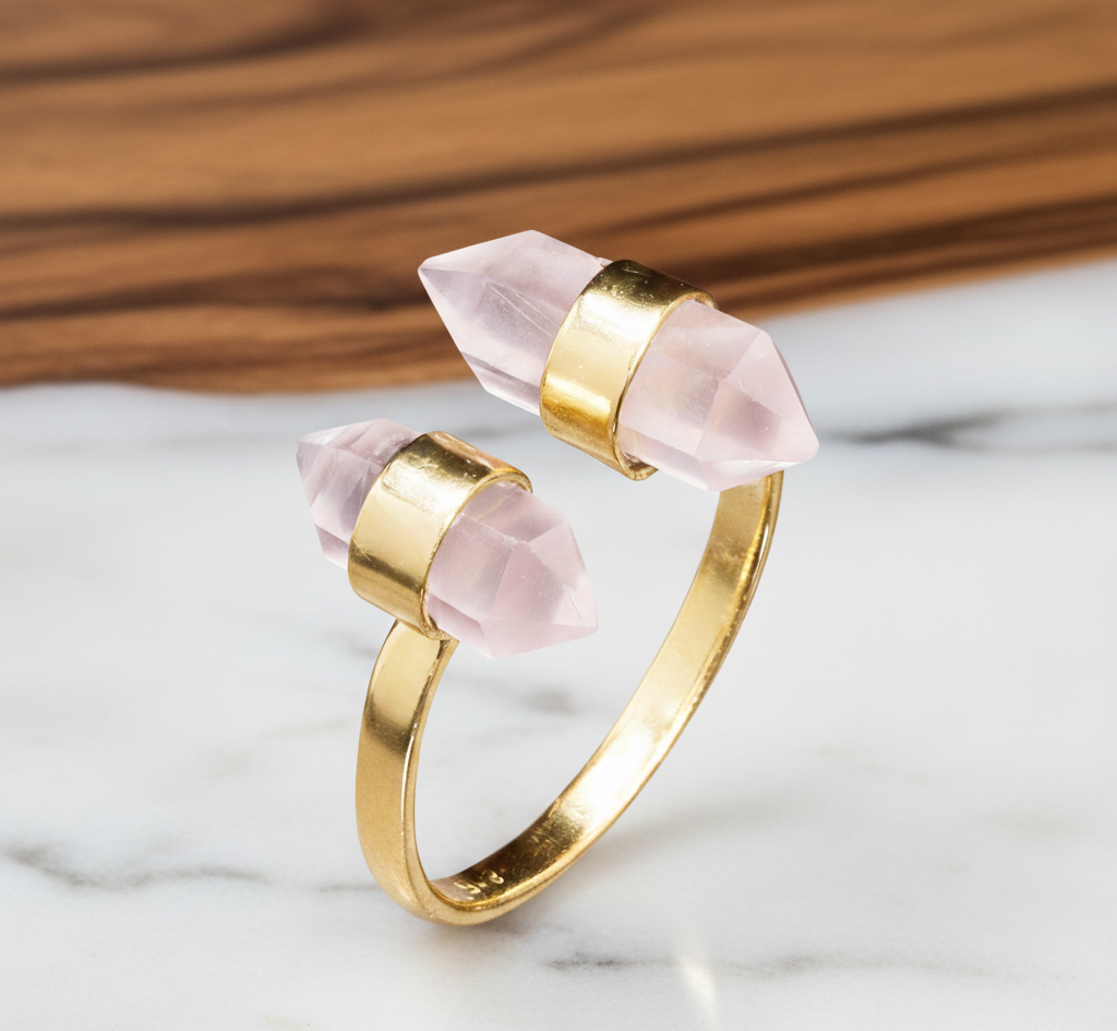 925 Silver Natural Rose Quartz Gemstone Pencil Shape Ring Adjustable - Image 4