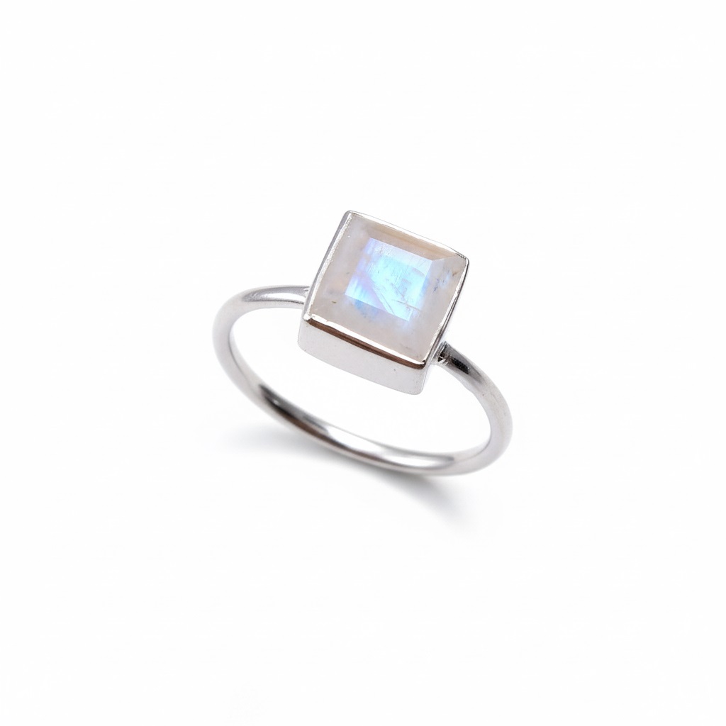 925 Sterling Silver Natural Rainbow Moonstone Square Faceted Gemstone Ring