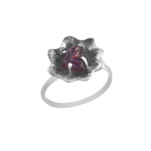 Poppy Flower 925 Sterling Silver Ring With Raw Garnet Gemstone
