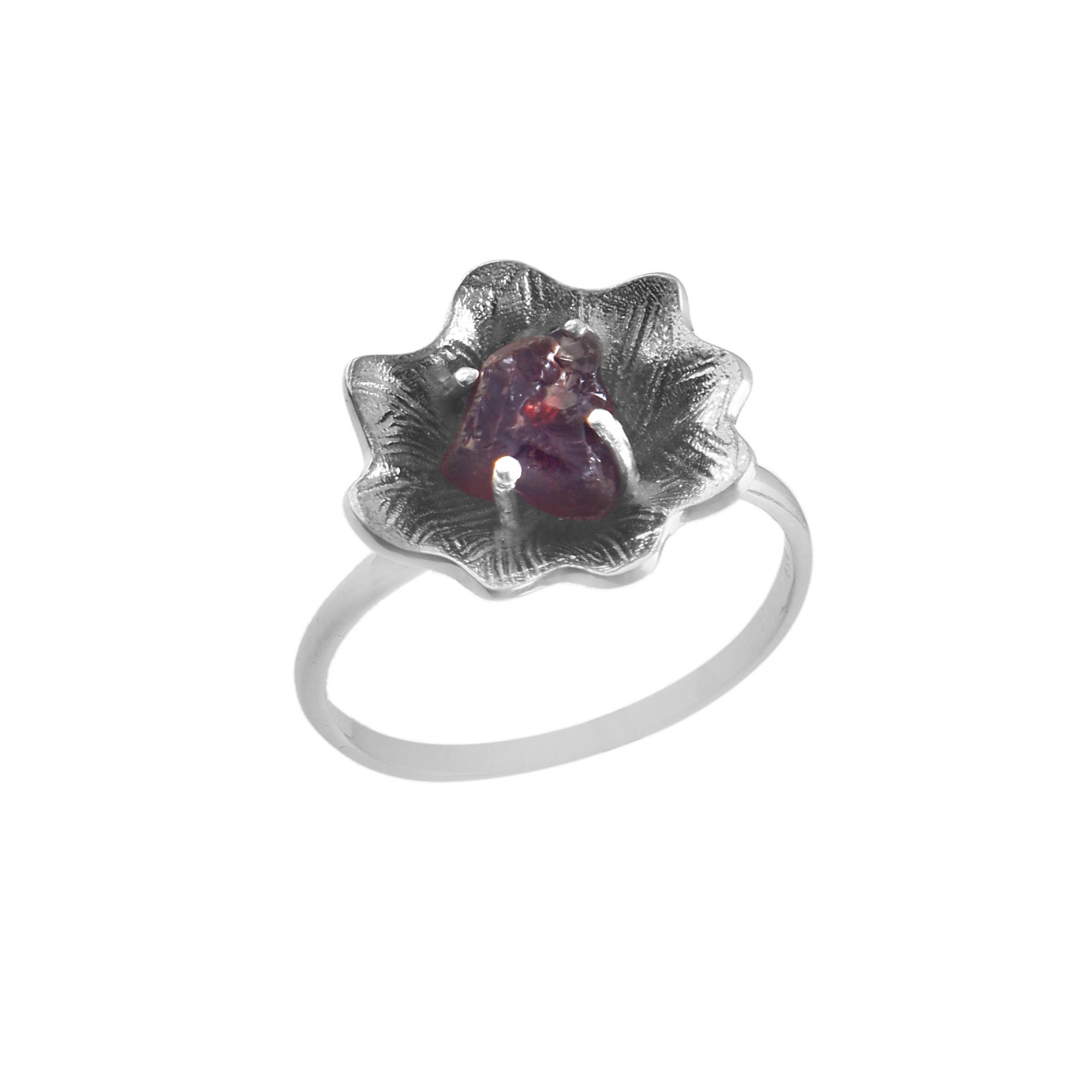 Poppy Flower 925 Sterling Silver Ring With Raw Garnet Gemstone