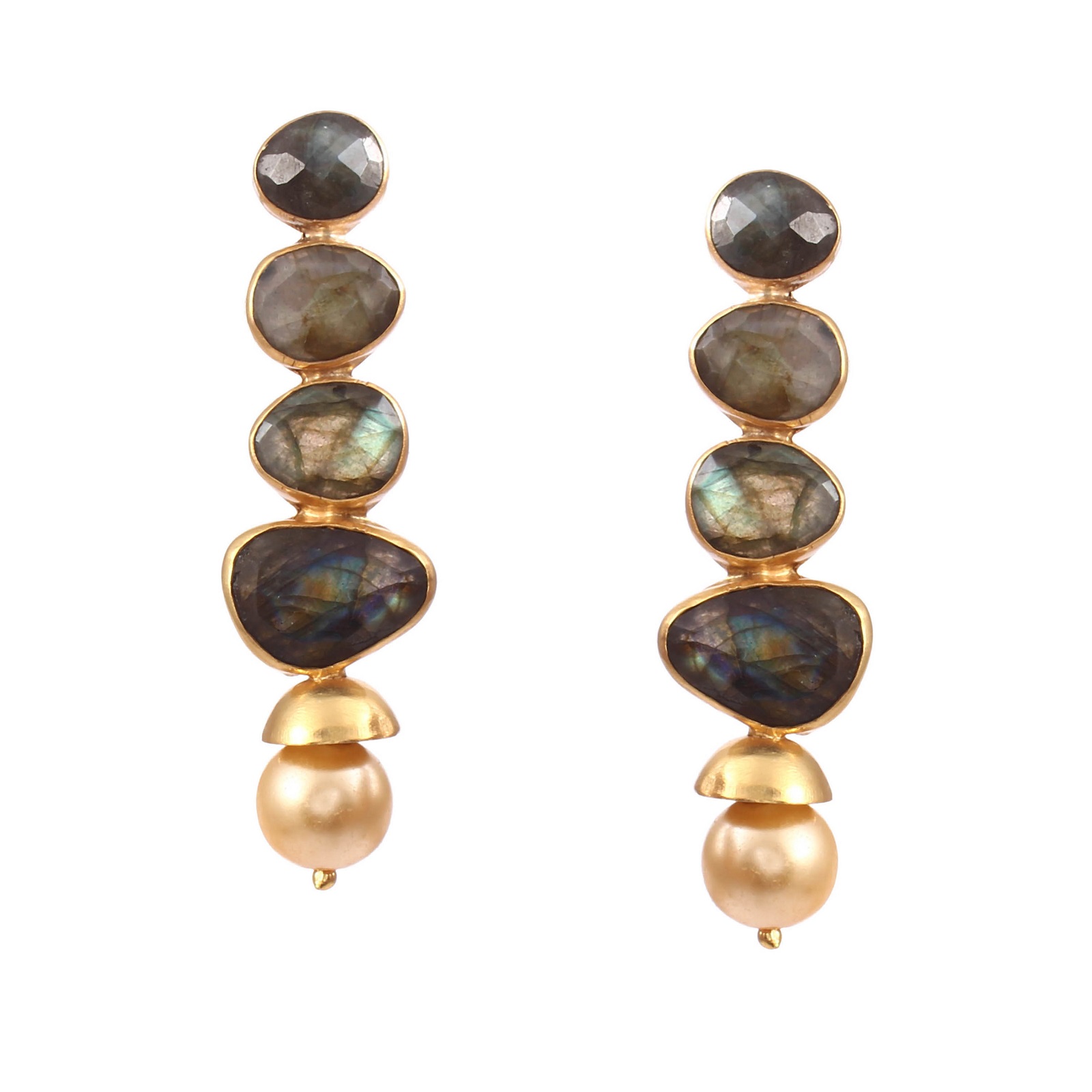 925 Silver Random Shape Labradorite And pearls Earrings