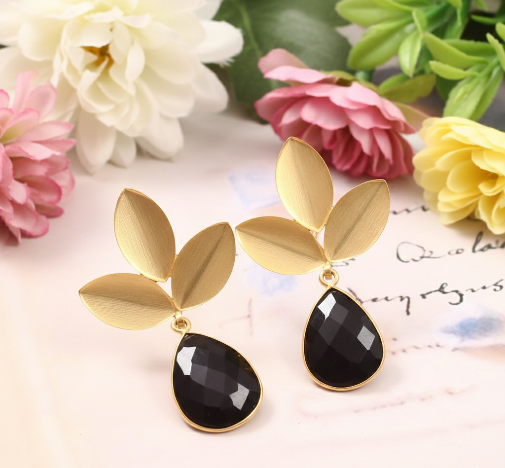 Gold Plated 925 Silver Statement Earrings With Black Onyx