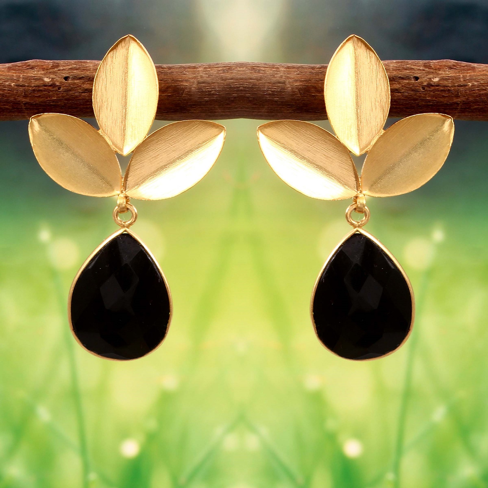 Gold Plated 925 Silver Statement Earrings With Black Onyx