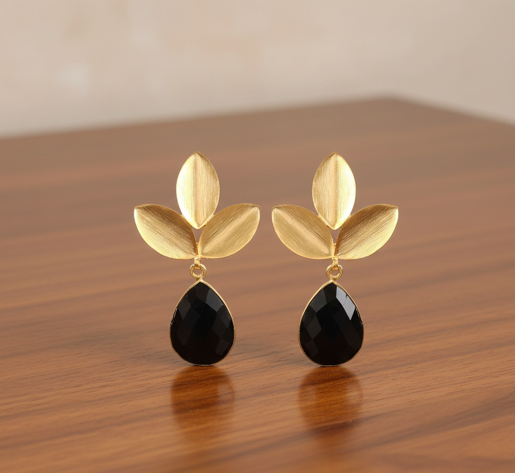 Gold Plated 925 Silver Statement Earrings With Black Onyx