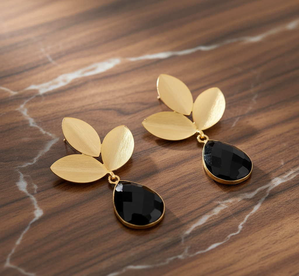 Gold Plated 925 Silver Statement Earrings With Black Onyx