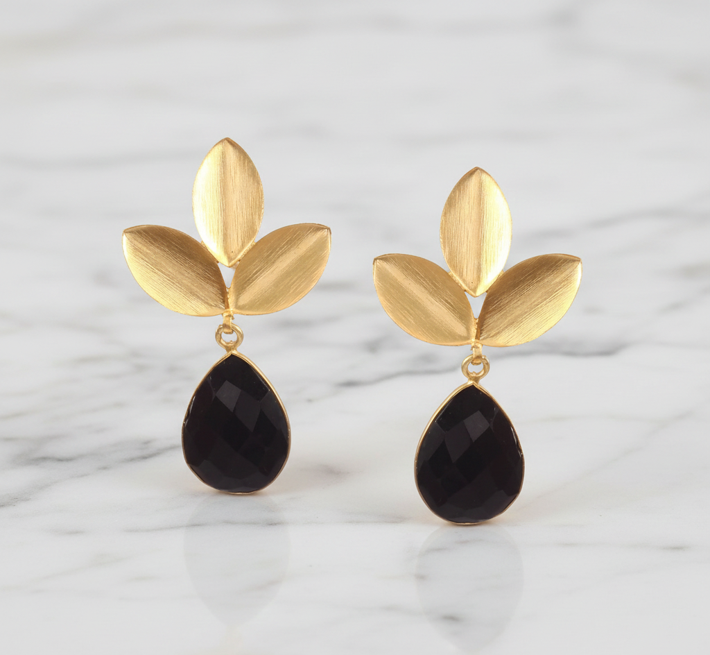 Gold Plated 925 Silver Statement Earrings With Black Onyx