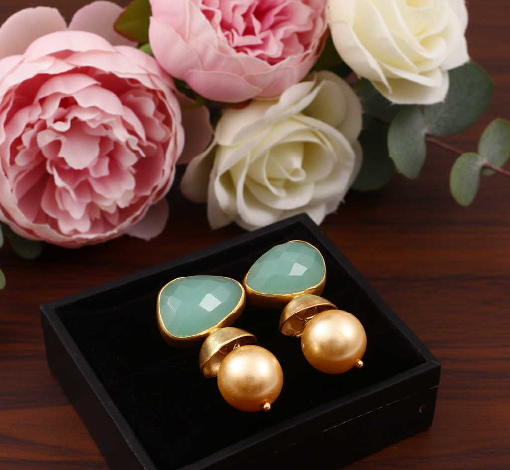 925 Silver Random Shape Green Onyx And Pearls Earrings