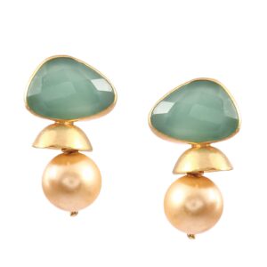 925 Silver Random Shape Green Onyx And Pearls Earrings