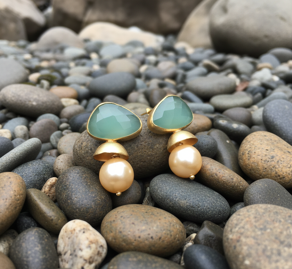 925 Silver Random Shape Green Onyx And Pearls Earrings