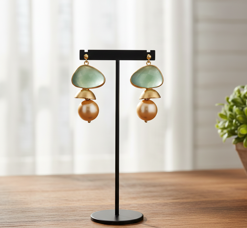 925 Silver Random Shape Green Onyx And Pearls Earrings