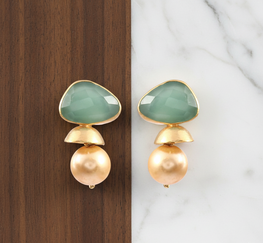 925 Silver Random Shape Green Onyx And Pearls Earrings