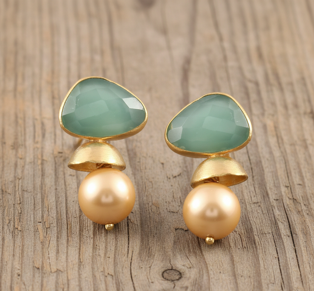 925 Silver Random Shape Green Onyx And Pearls Earrings