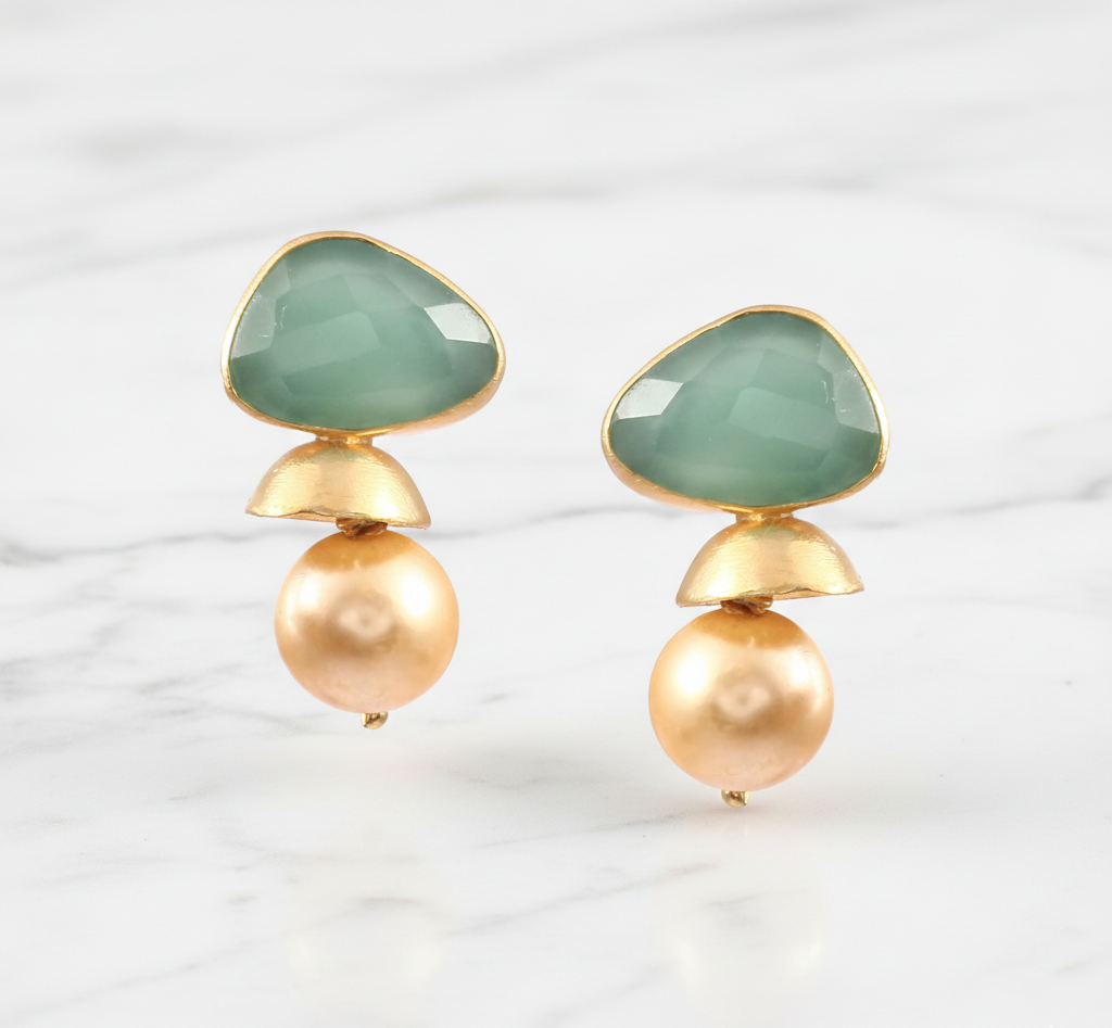 925 Silver Random Shape Green Onyx And Pearls Earrings