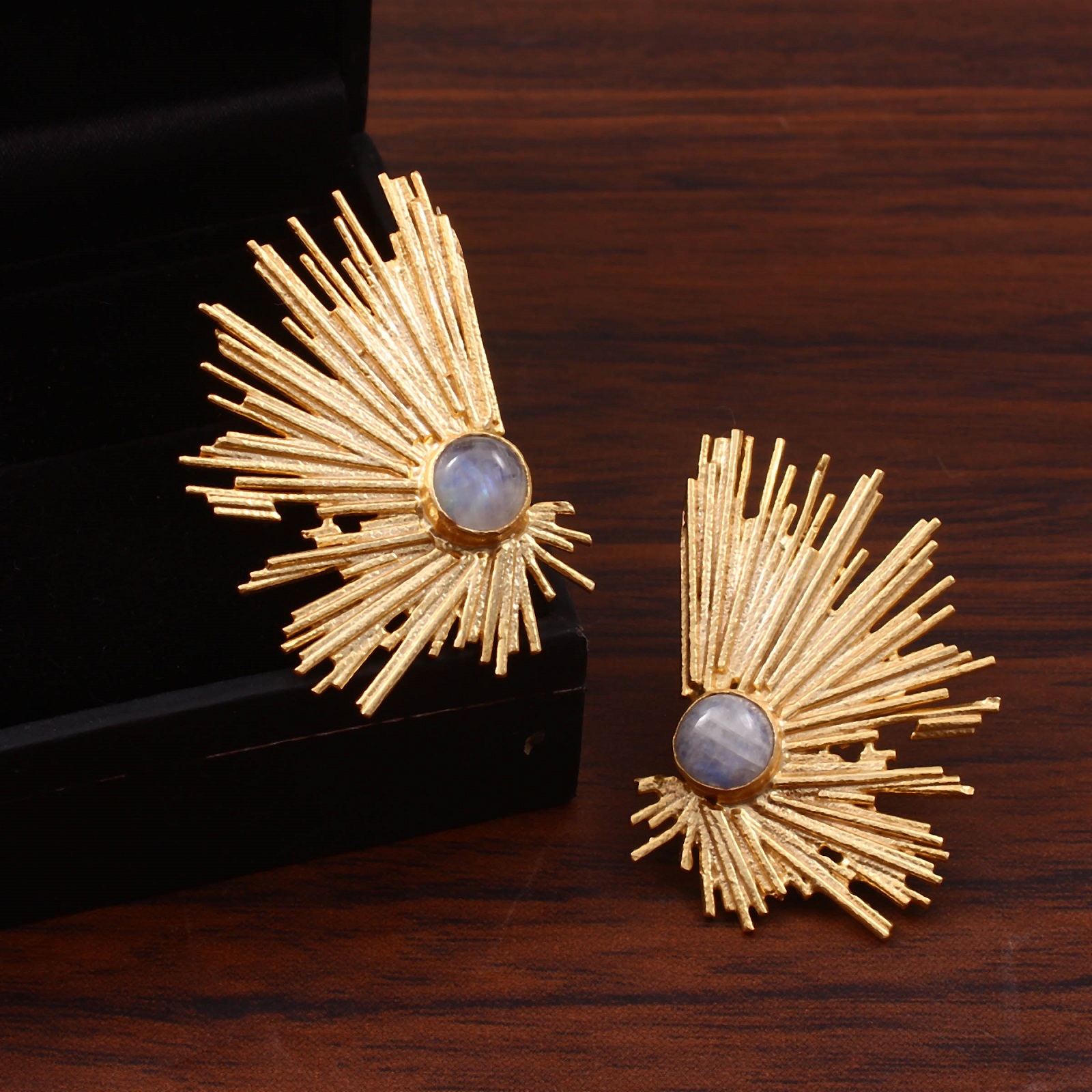 925 Sterling Silver Abstract Earrings With Rainbow Moonstone