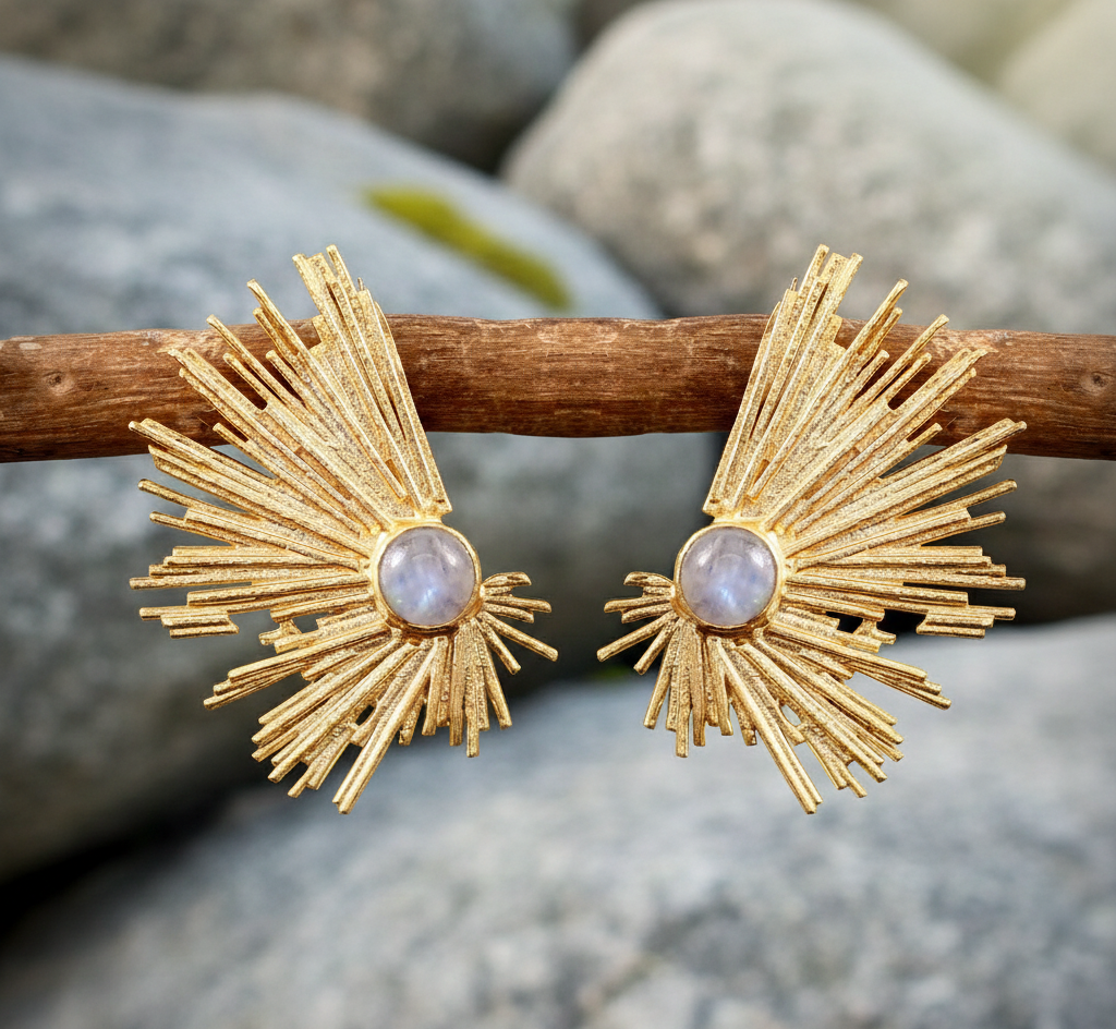 925 Sterling Silver Abstract Earrings With Rainbow Moonstone