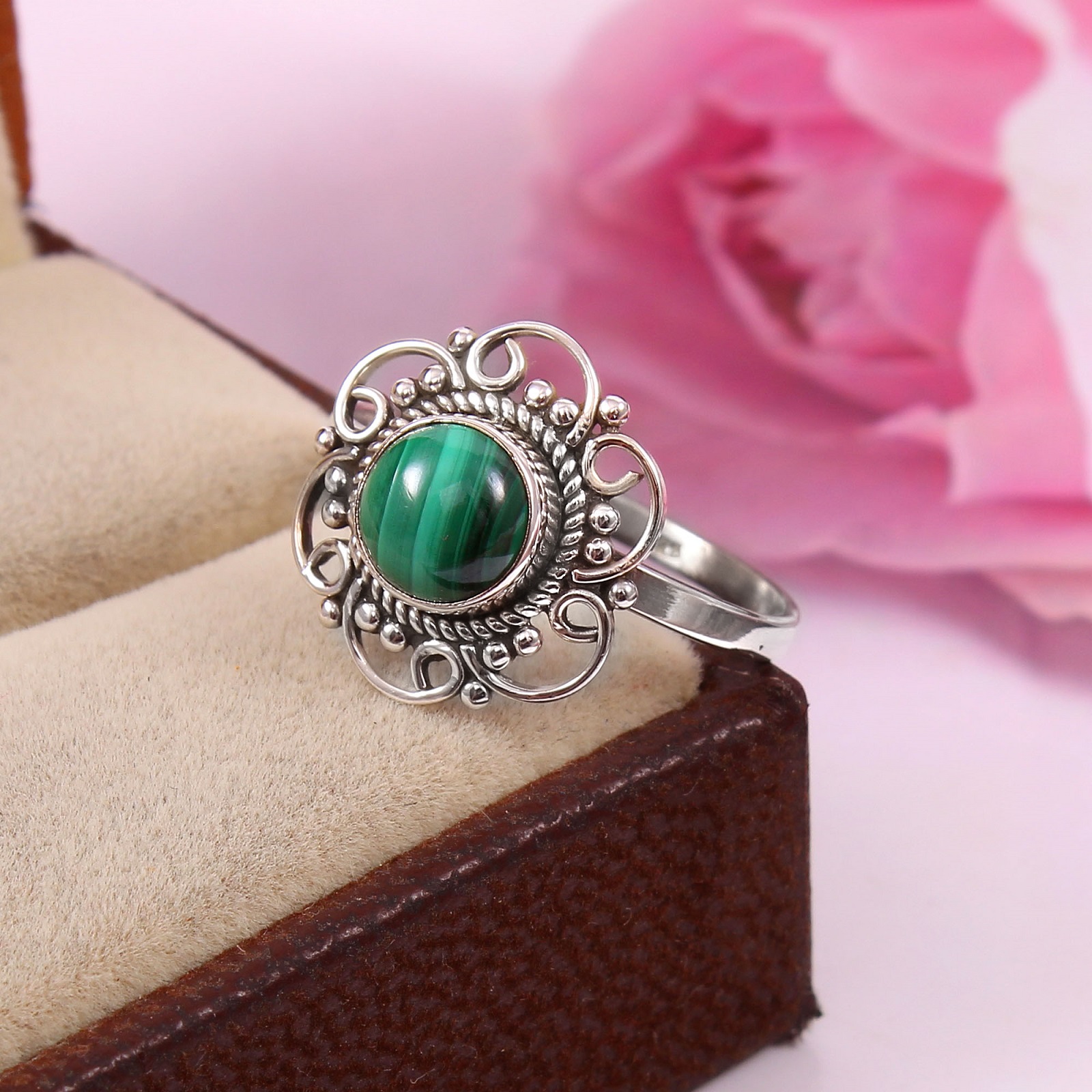 Oxidized 925 Sterling Silver Malachite Bezel Setting Handmade Classic Women's Ring