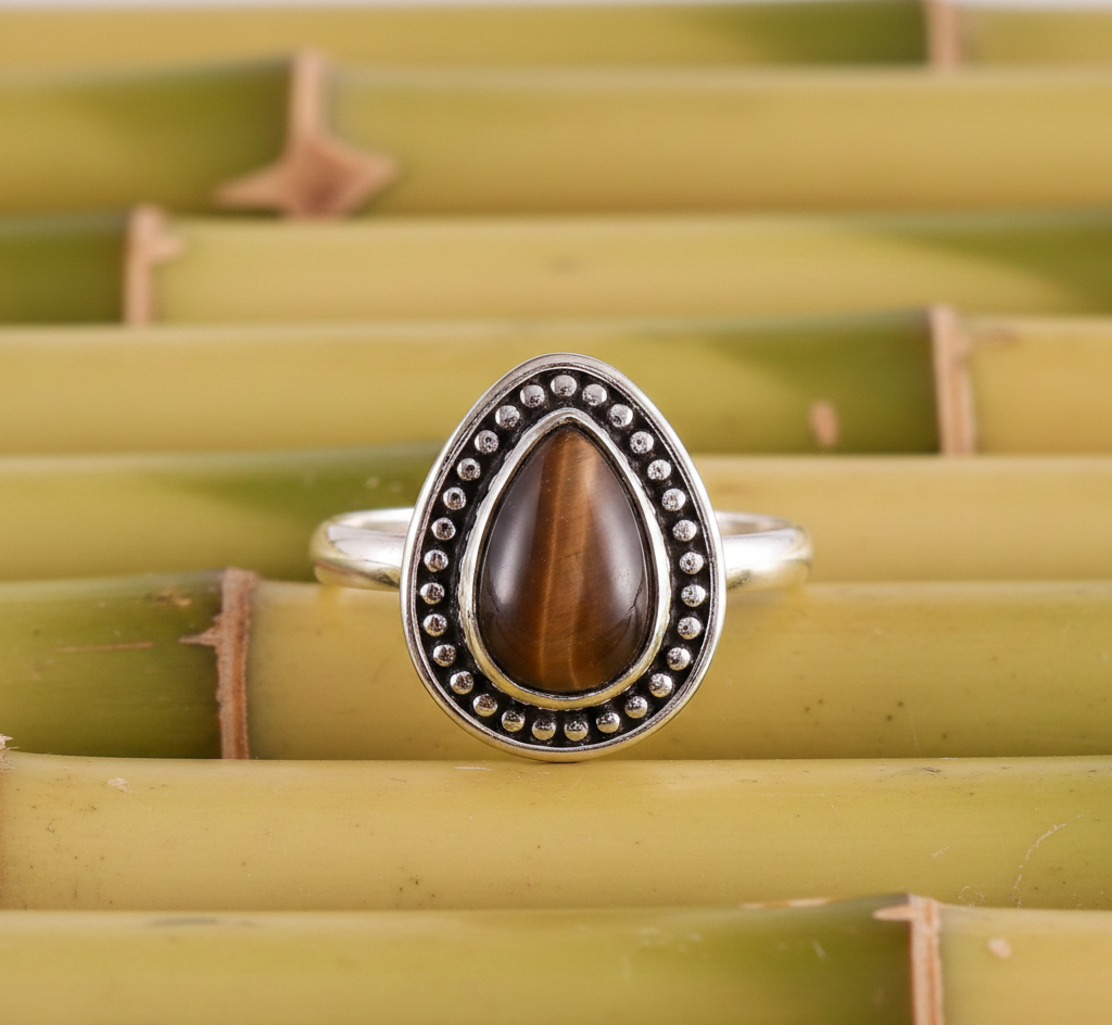 925 Sterling Silver Pear Shaped Tiger Eye Ring