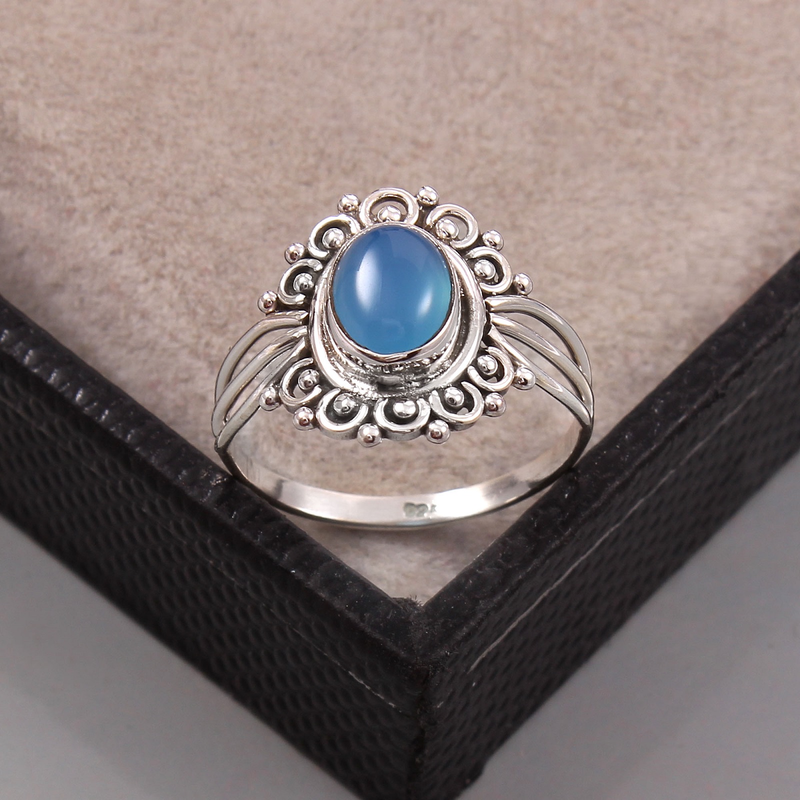 925 Sterling Silver Blue Chalcedony Ring Oxidized
