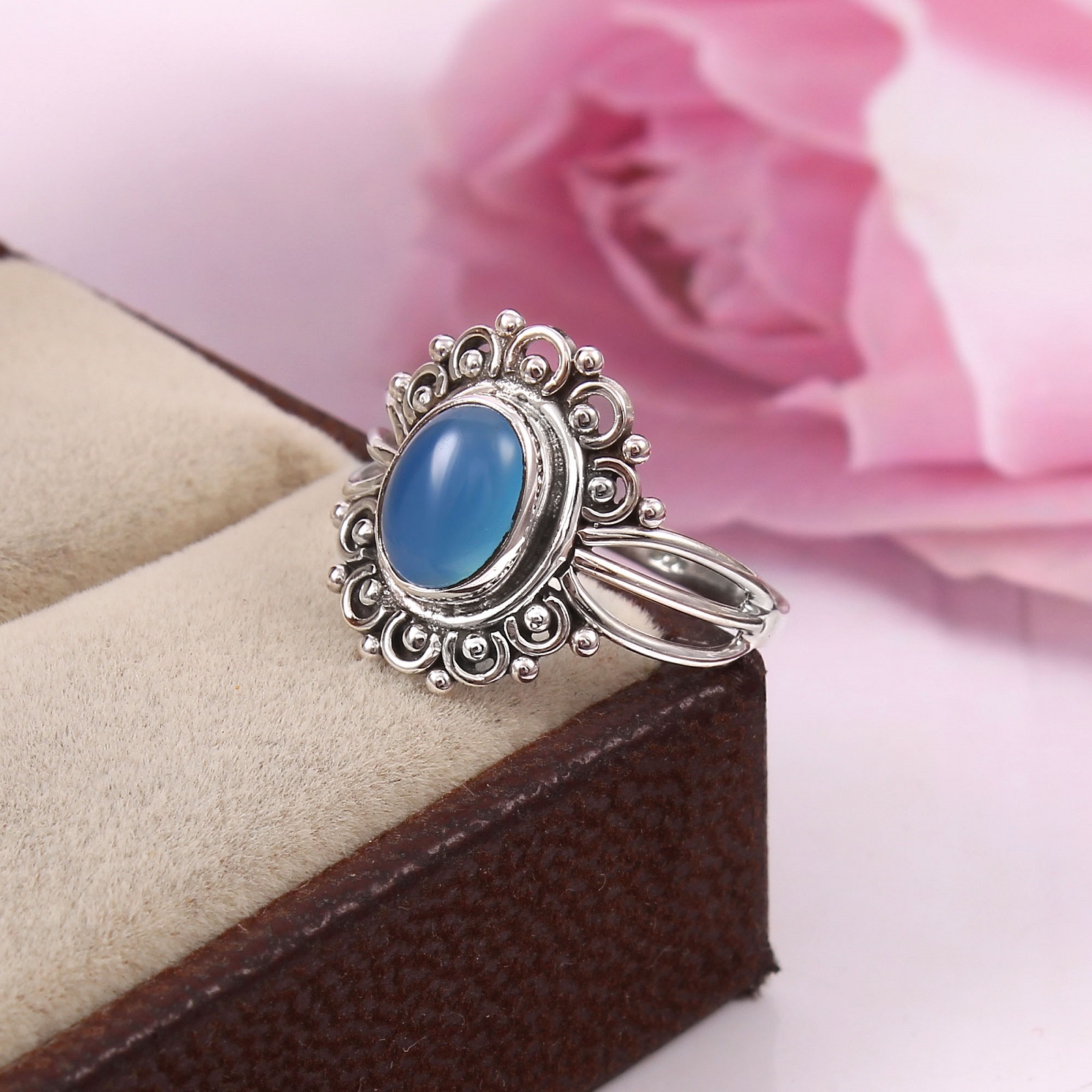 925 Sterling Silver Blue Chalcedony Ring Oxidized