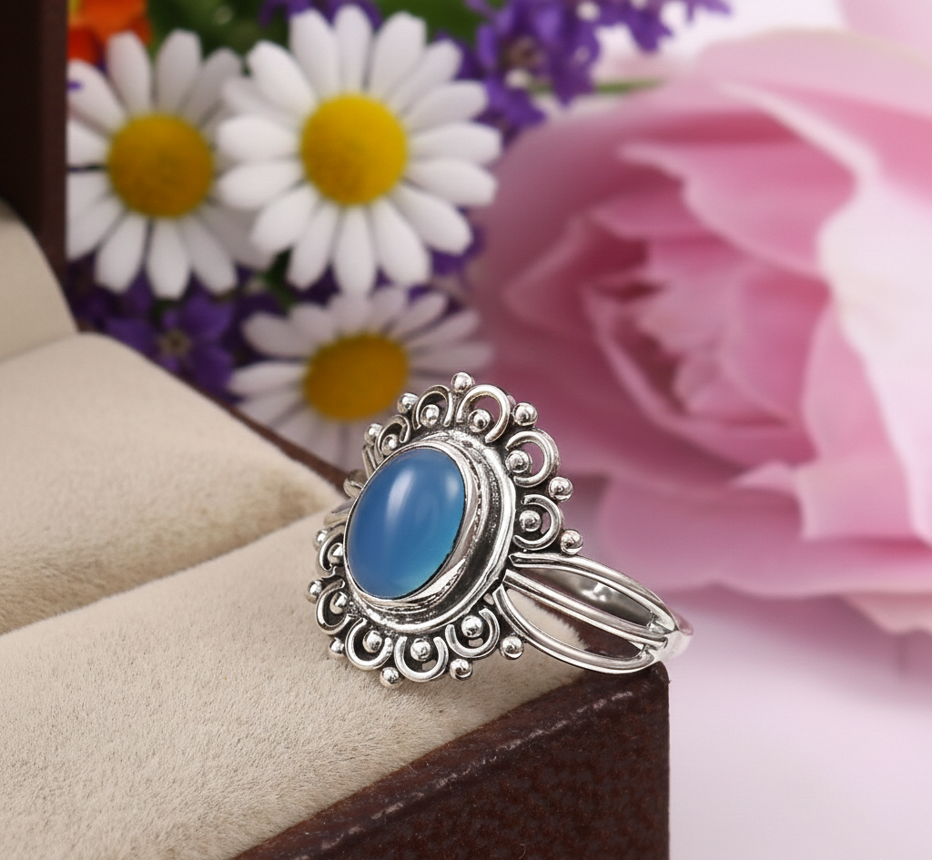 925 Sterling Silver Blue Chalcedony Ring Oxidized