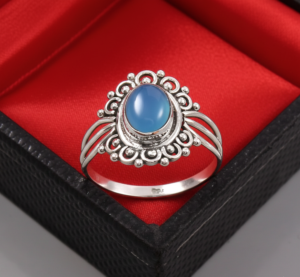 925 Sterling Silver Blue Chalcedony Ring Oxidized