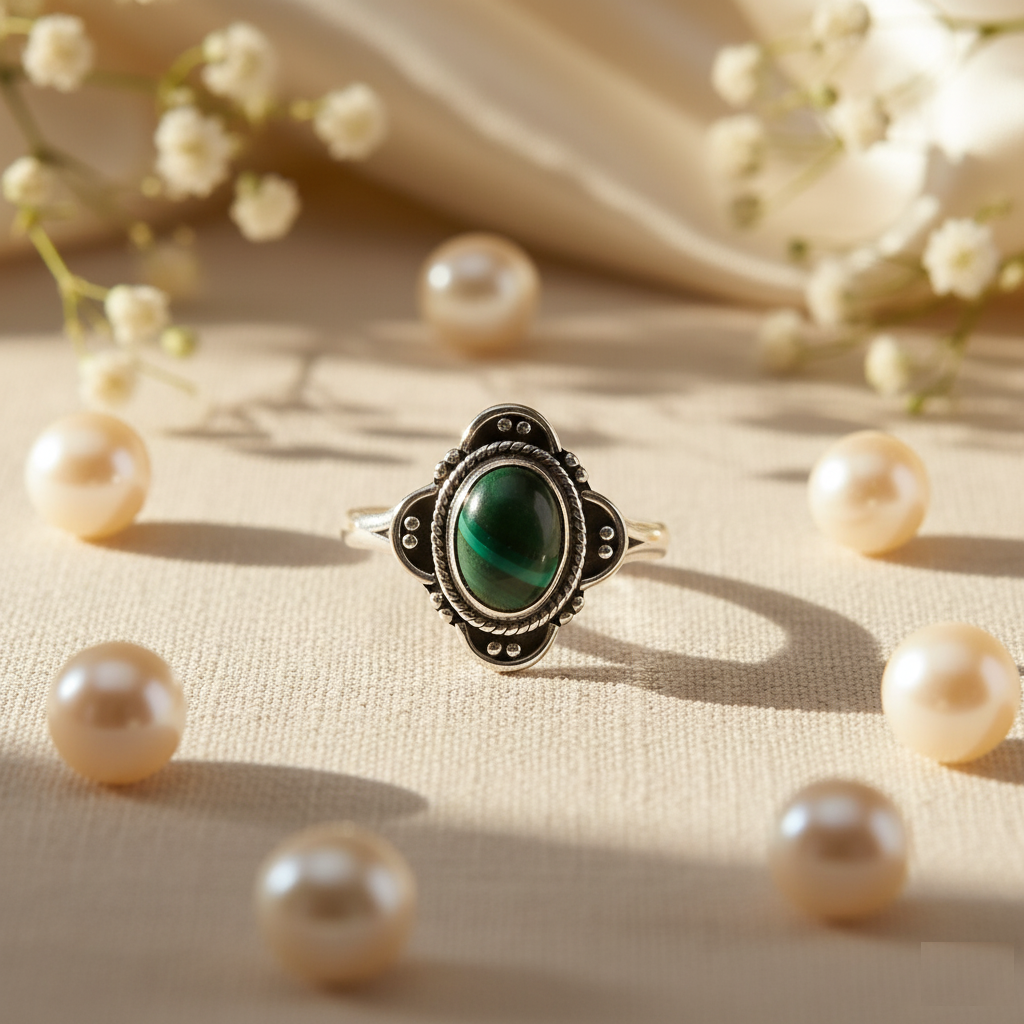 Oval Shape Natural Green Malachite Gemstone 925 Sterling Silver Ring