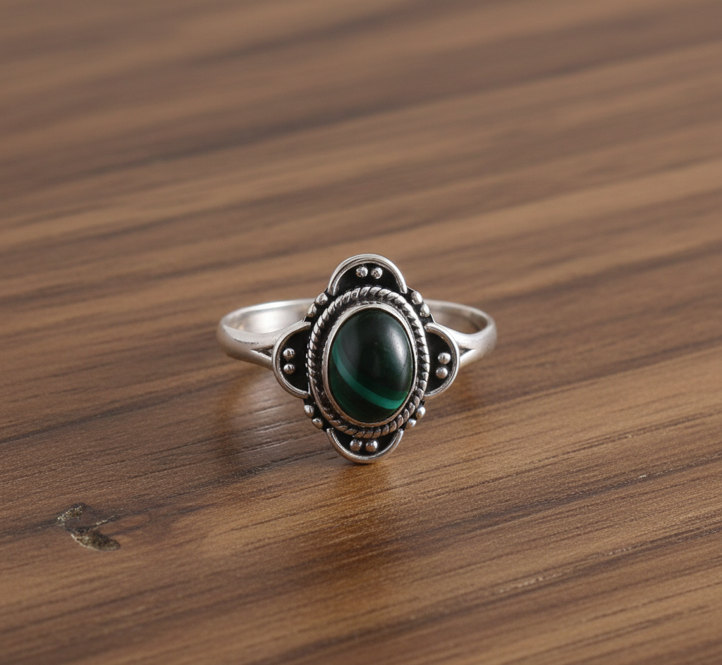 Oval Shape Natural Green Malachite Gemstone 925 Sterling Silver Ring