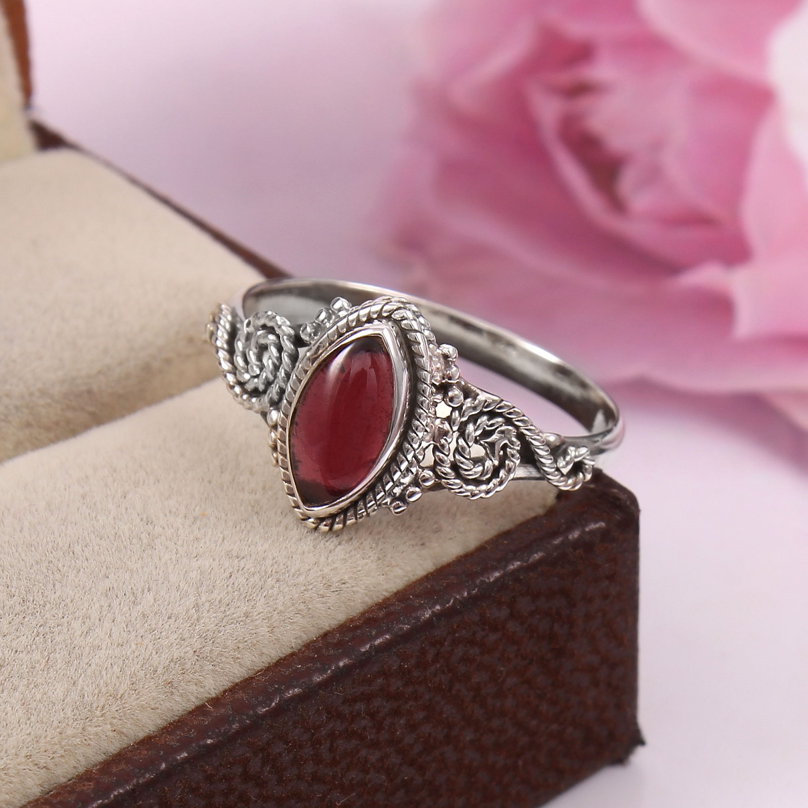 925 Sterling Silver Marquise Garnet Handmade Ring