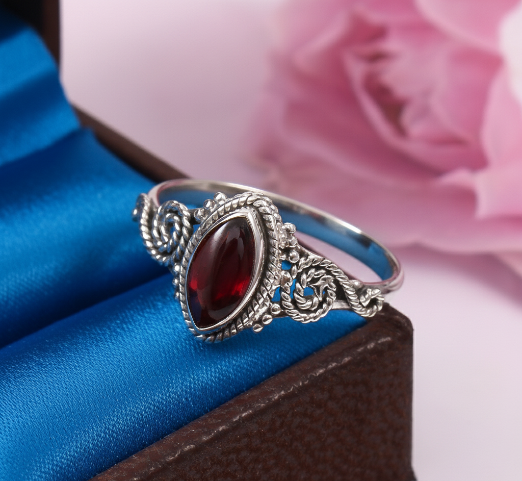 925 Sterling Silver Marquise Garnet Handmade Ring