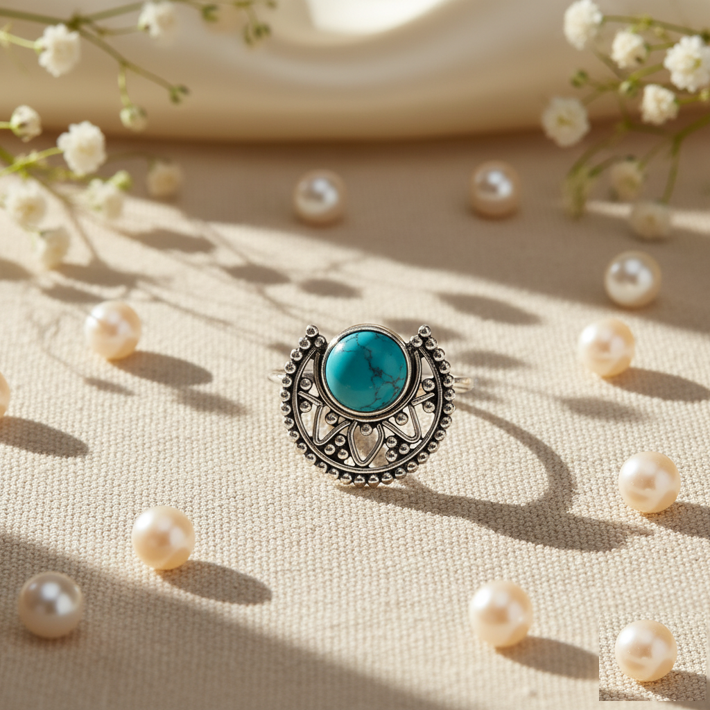 925 Sterling Silver Round Turquoise Gemstone Handmade Ring