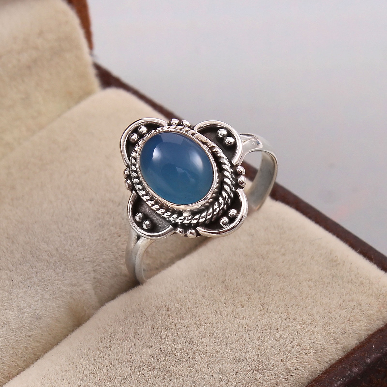 Oxidized Blue Chalcedony 925 Sterling Silver Ring