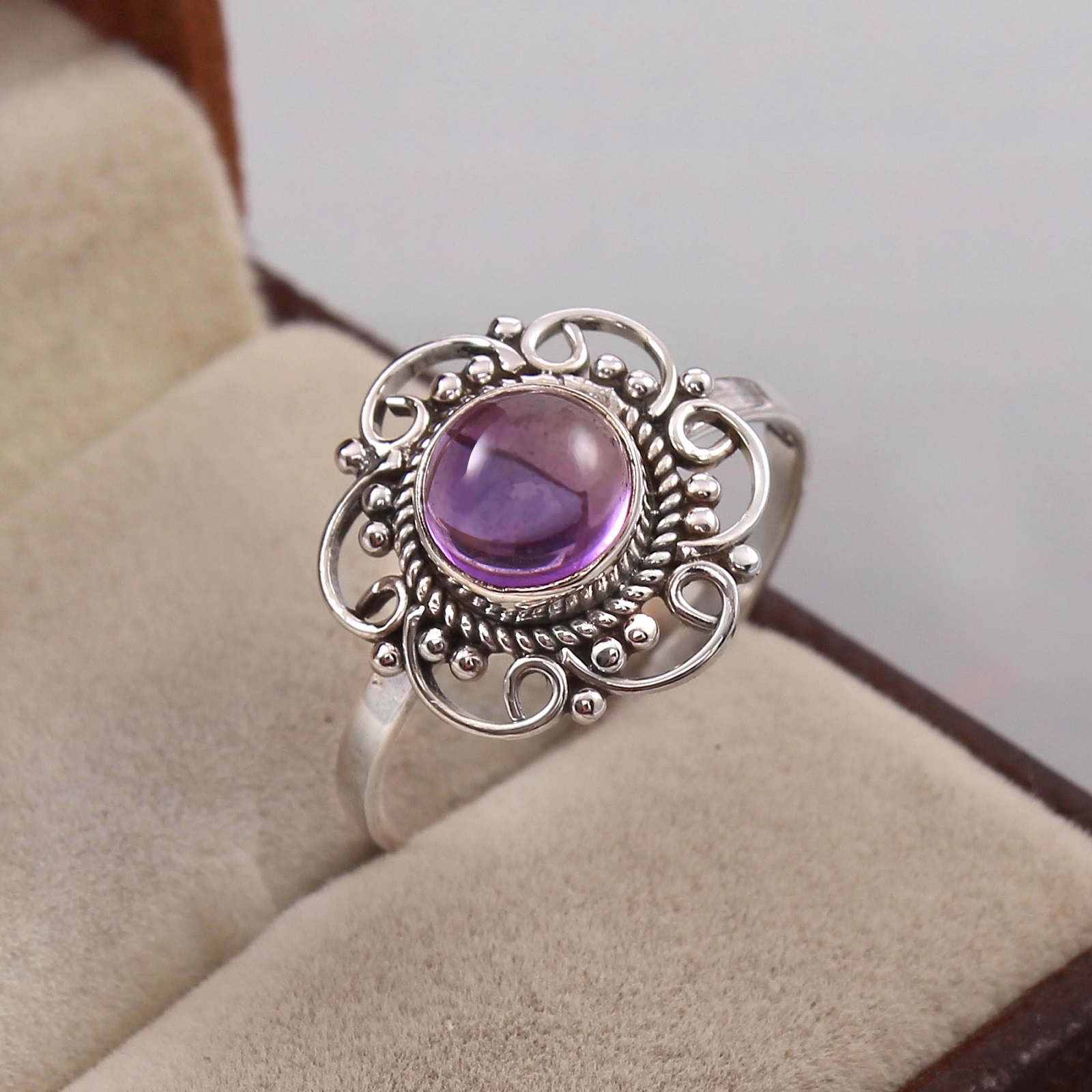Handmade 925 Sterling Silver Round Amethyst Ring