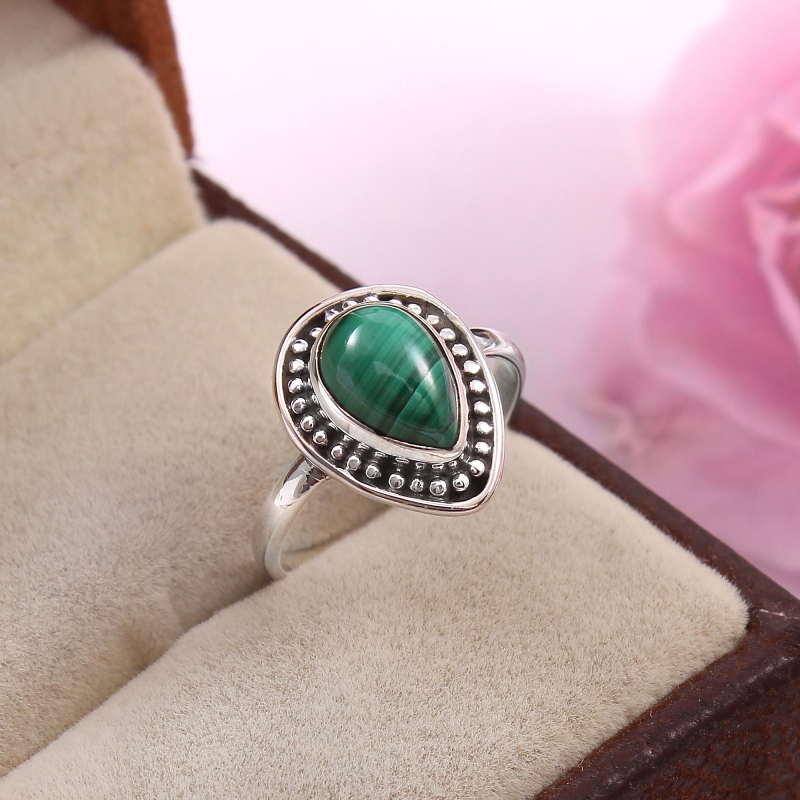 925 Sterling Silver Pear Malachite Ring