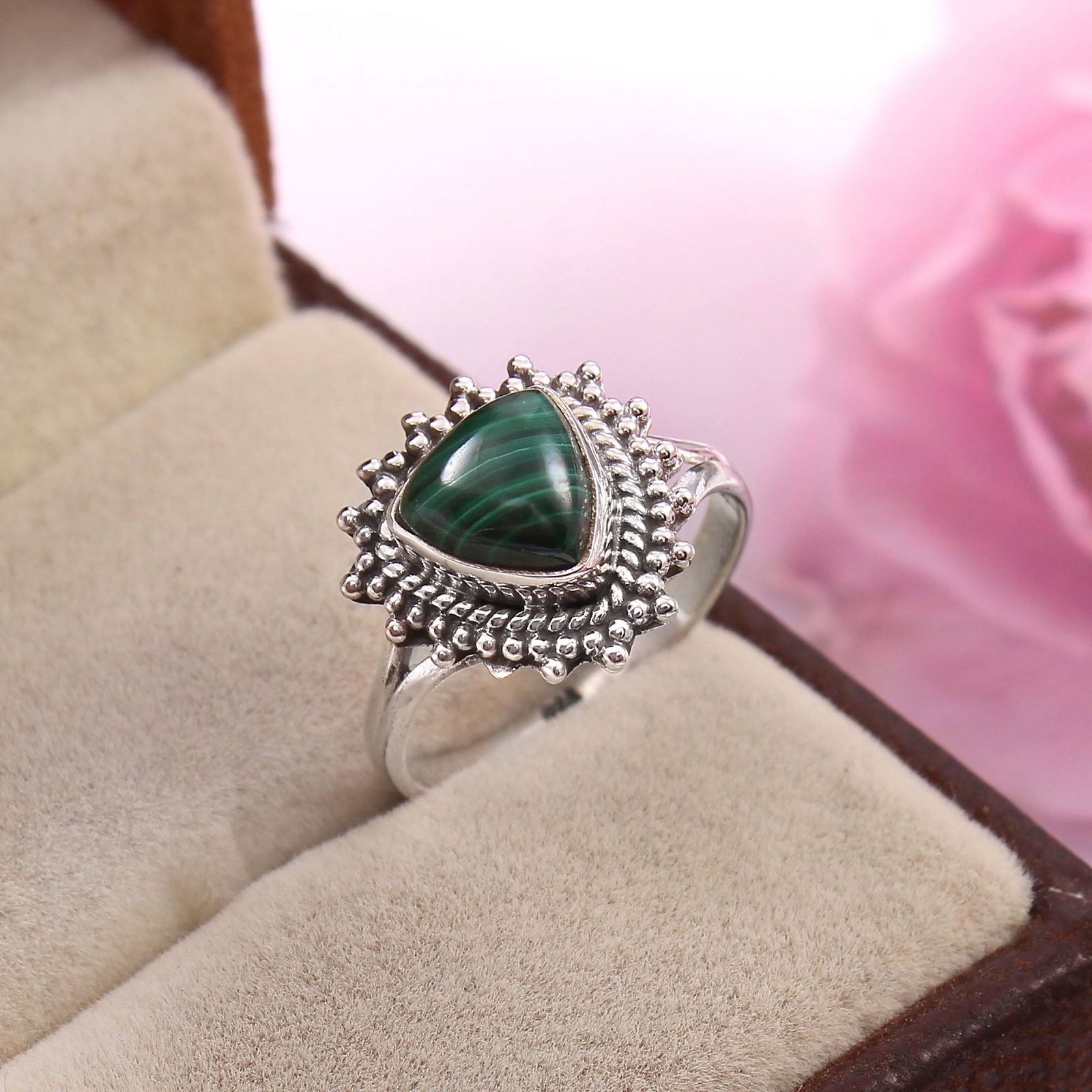 925 Sterling Silver Trillion Malachite Green Ring