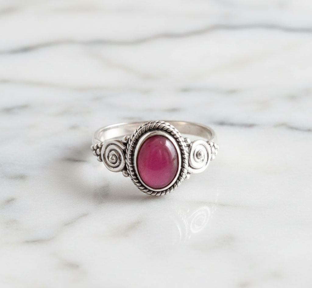 925 Sterling Silver Oval Red Garnet Stone Ring