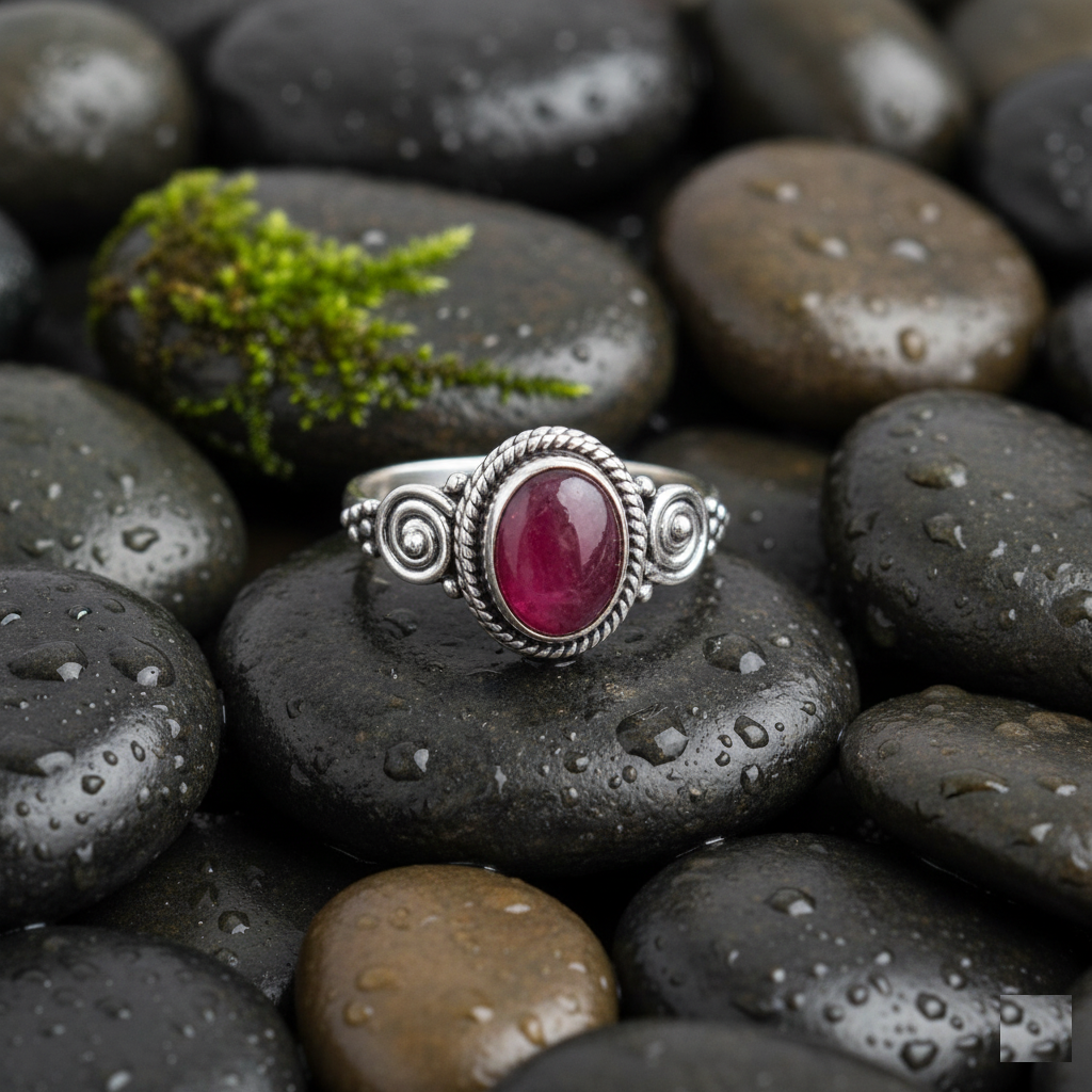 925 Sterling Silver Oval Red Garnet Stone Ring