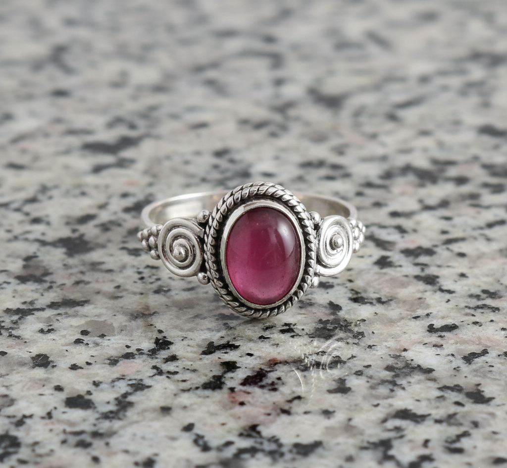 925 Sterling Silver Oval Red Garnet Stone Ring