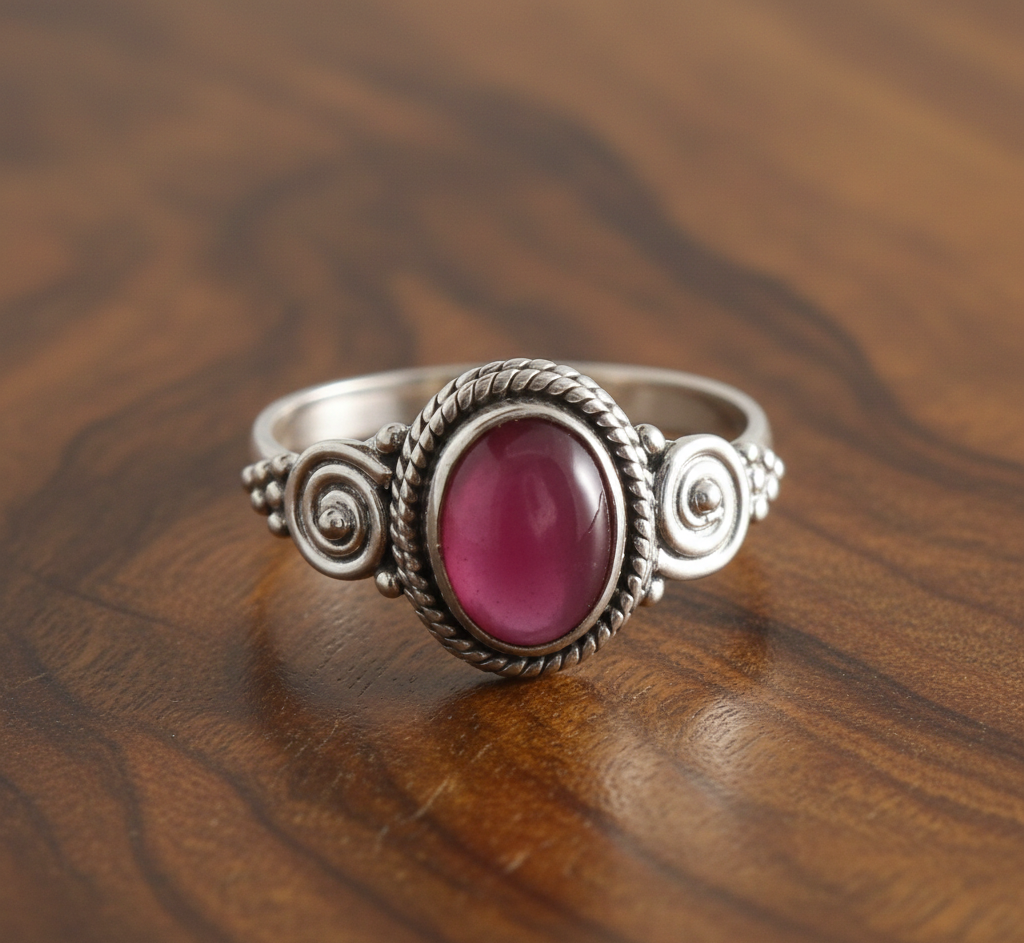 925 Sterling Silver Oval Red Garnet Stone Ring