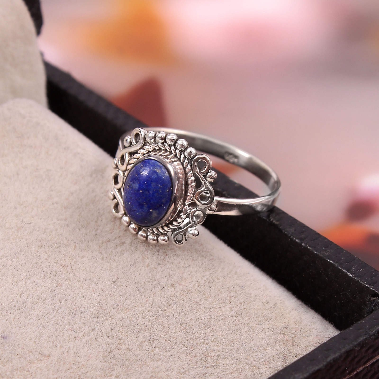 925 Sterling Silver Women Cabochon Lapis Lazuli Oval Ring