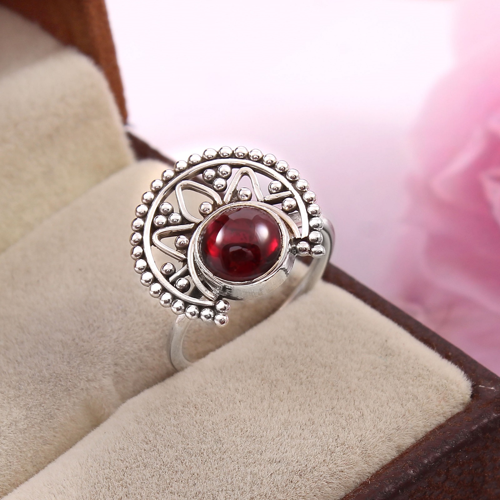 925 Sterling Silver Handmade Garnet Design Ring
