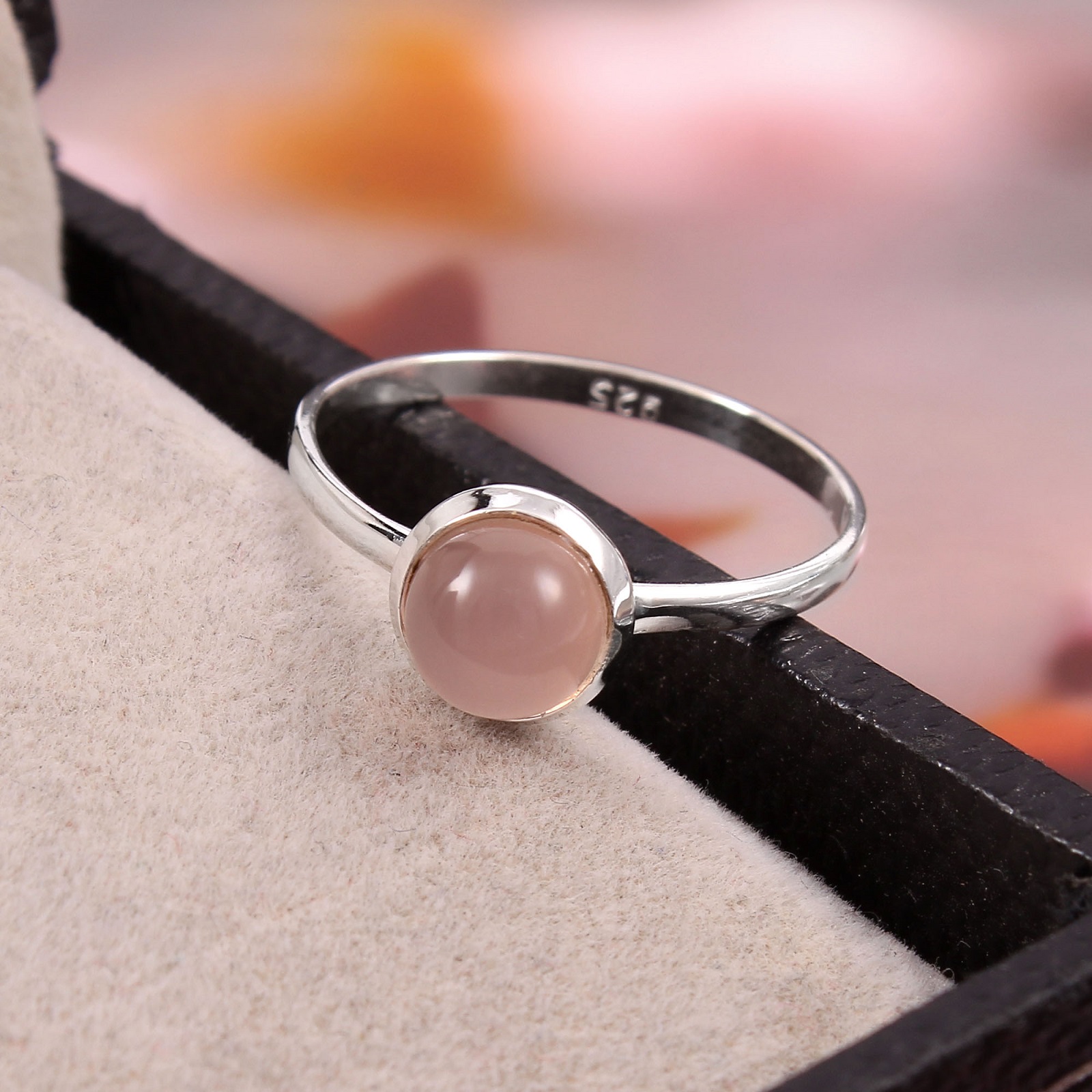 925 Sterling Silver Natural Round Rose Quartz Ring