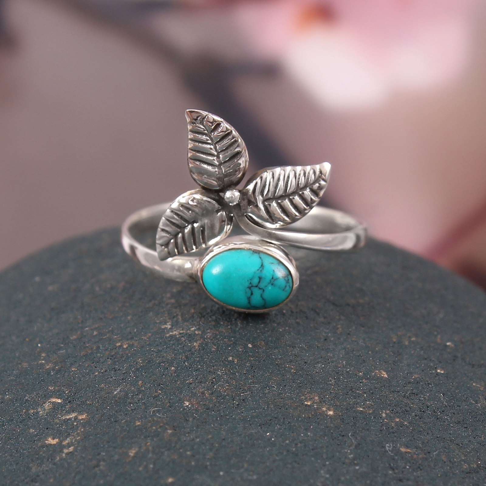 Leaf Design Ring In 925 Sterling Silver With Oval Turquoise