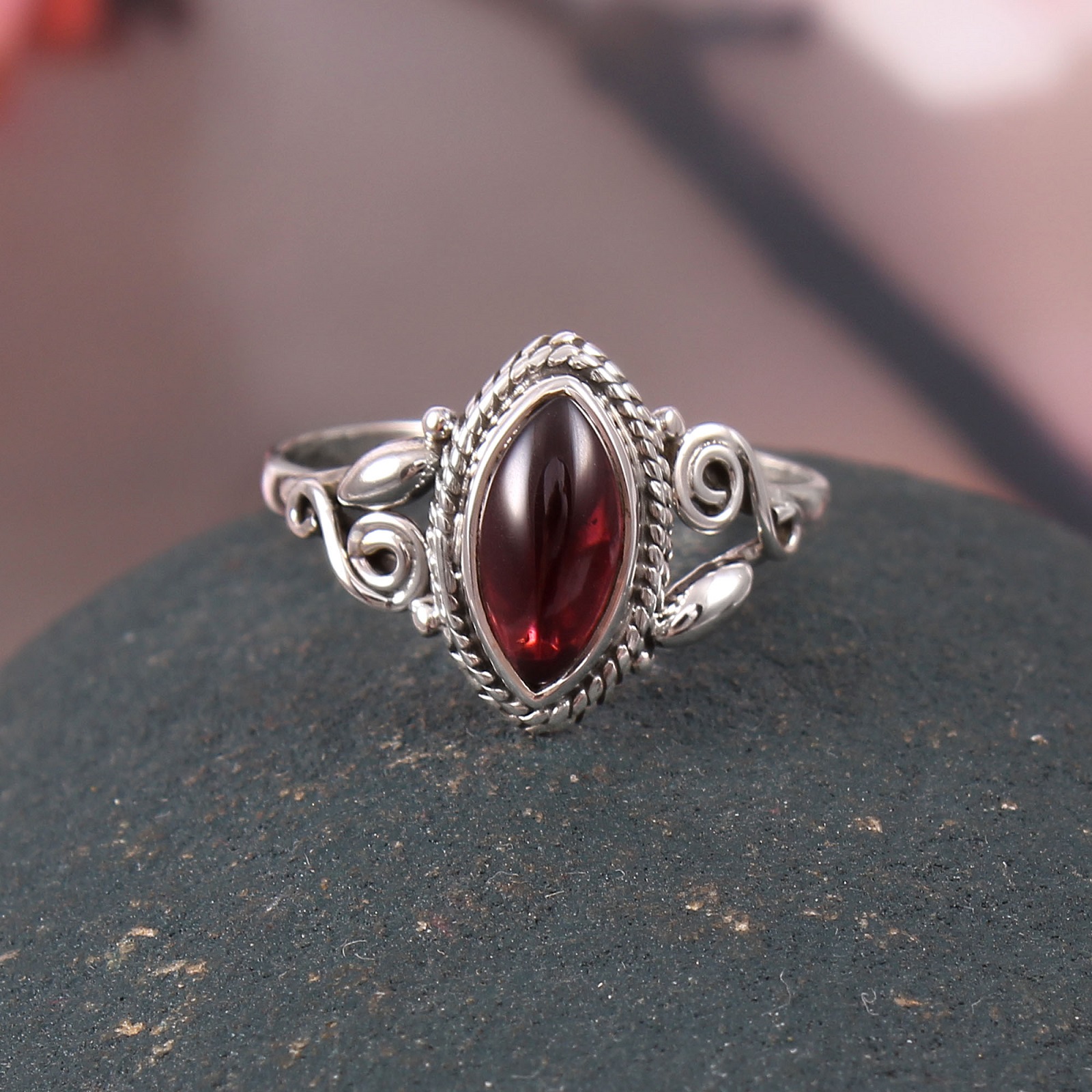Handmade 925 Sterling Silver Marquise Garnet Ring